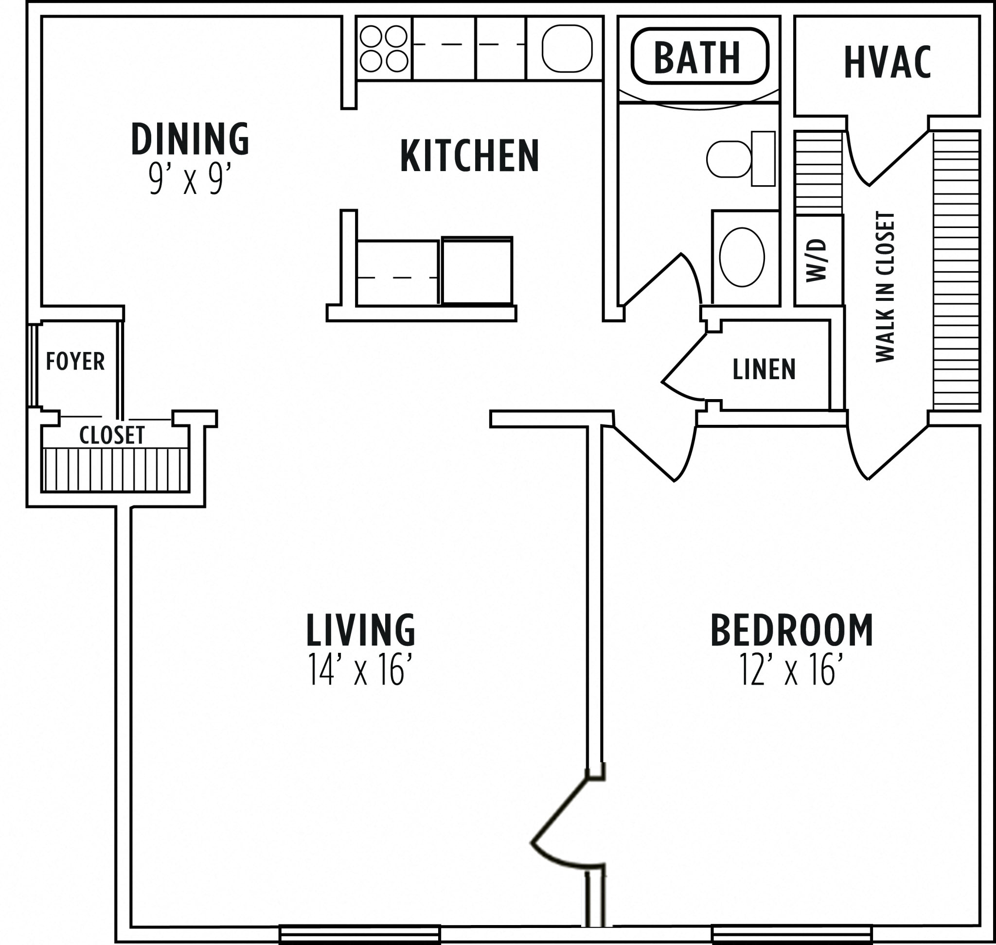 Floor plan for 1 bed, 1 bath, 775 sqft